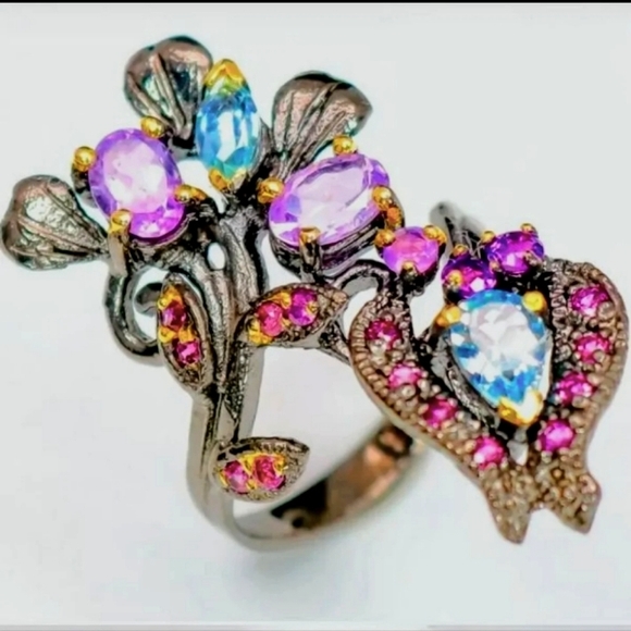 Amethyst and Blue Topaz Sterling Silver Ring 7.5 - Picture 4 of 4